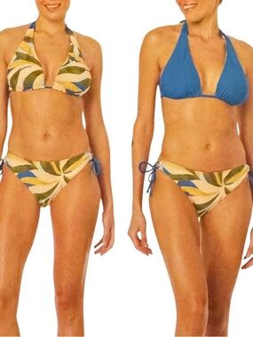 Hurley Reversible Halter Bikini Set - Blue and Leaf Print Size L NWT